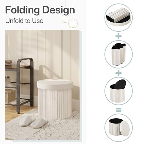 Pouf Rond Velours Rangement 30L Crème Ø38 WOLTU