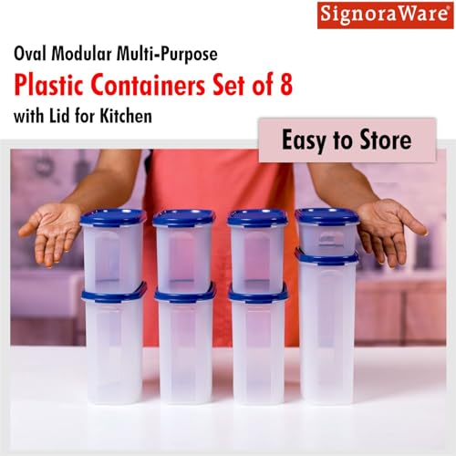 Image of Signoraware Modular BPA Free Plastic Oval Container | Airtight & LeakProof | Kitchen Storage | Ideal for Grains, Flour & Rice storage (2.3ltr + 1.7ltrx3 + 1.1ltrx3 + 500mlx1 | Setof8 | ModBlue)