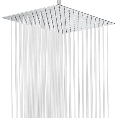 Rain Shower Head, 12 Inches Rainfall Shower Head Square, Large Stainless Steel Bathroom Waterfall Showerhead High Pressure, Overhead Flat Big Replacement Head, Ceiling or Wall Mount, Chrome Finsh