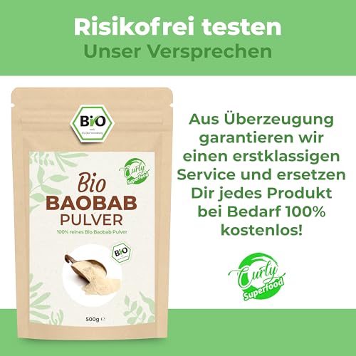 Curly Superfood Baobab Pulver Bio 500g - 100% naturreine BIO Rohkostqualität aus Afrika - Fein gemahlenes Bio Baobab Pulver für Smoothies, Säfte & Speisen