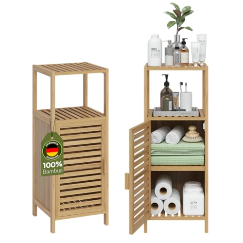 Bellamio Newa Badregal – Badschrank Bambus mit 3 Fächern & 1 Tür –...