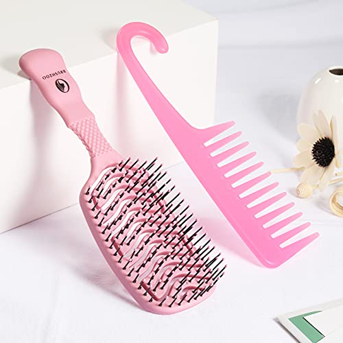 O BRUSHZOO Detangling Brush, hair brushes for Women Men and Kids, Vented Detangler Brush for Curly Wet Dry Hair, Hair Brush Set of Paddle Brush Wide Teeth Comb for Detangling Drying (Pink)