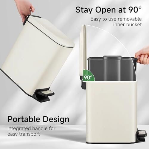 Image of TIPGO Small Bathroom Trash Can with Lid, 1.6 Gal, Soft Close, Cream | Foot Pedal, Soft Quiet Lid, 5.9'' Slim for Narrow Space, Stainless Steel, Anti-fingerprint, Removable Inner Bucket, Odor Seal