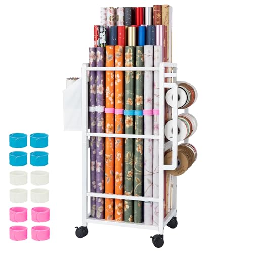 Aquzee Gift Wrapping Paper Organizer Storage, Rolling Gift Wrap Storage Stand, Vertical Wrapping Paper Storage Cart, Ribbon Organizers, 12 PCS Slap Bracelets, Adjustable Rod Design, White