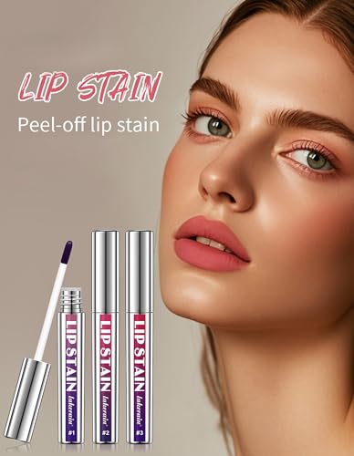 Jutqut 3Pcs Stück Farbe Lip Stain Peel Off Set, Long Lasting Lippen Tattoo & Waterproof Lip Tint Matte Finish, Non-stick Cup Abziehbarer LipLiner 3Pcs, Makeup Lip Gloss und Color Lippenfleck