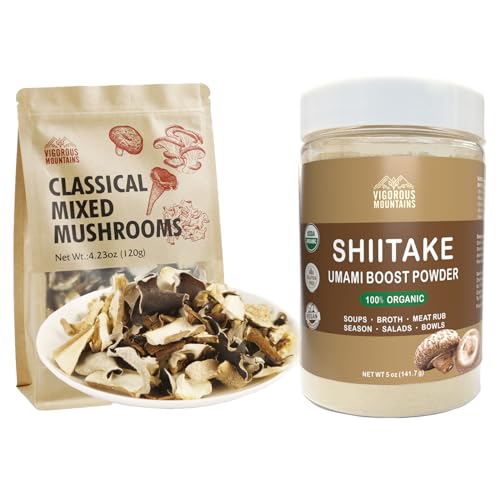 VIGOROUS MOUNTAINS Dried Mixed Mushrooms Blend and Shiitake Mushroom Powder Organic