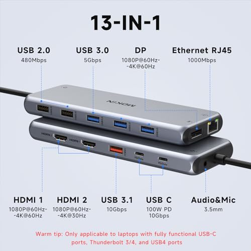 Image of USB C Docking Station 3 Monitors Laptop Dual Monitor Multiport Adapter Dock Dongle, USBC to 2 HDMI,DisplayPort,PD Charging,Ethernet,7 USB C /A 3.1 /3.0 /2.0 Ports,Audio