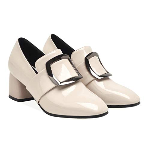 MIOKE Women's Fashion Pointed Toe Pumps T-Strap Buckle Chunky Block High Heel Mary Jane Oxford Dress Shoes2