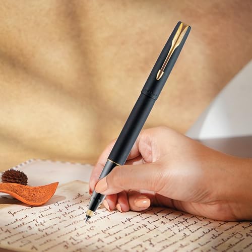 Image of Parker Frontier Matte Black Gold Trim Roller Ball Pen and Silver Key Chain, Blue Ink, Medium Point - Gift Set for Professionals, Executives, and Students