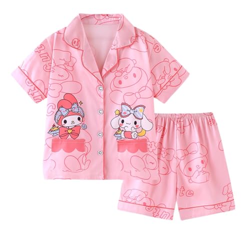 Satdflie Cartoon Pajamas Set Petite Women Girls Short Sleeve Sleepwear Nightwear Button Down Shirt and Shorts 2 Piece Pjs Set, Pink/1 L