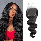 4x4 Lace Closure Human Hair Body Wave Transparent Lace Closure Free Part 100% Unprocessed Brazilian Human Hair Closure 150% Density Pre Plucked With Baby Hair Natural Black Color 10Inch