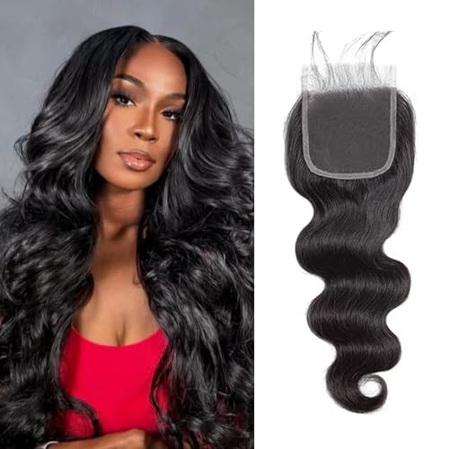 4x4 Lace Closure Human Hair Body Wave Transparent Lace Closure Free Part 100% Unprocessed Brazilian Human Hair Closure 150% Density Pre Plucked With Baby Hair Natural Black Color 10Inch