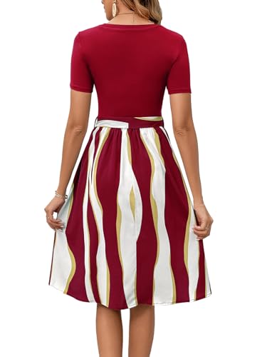 Image of Women's Elegant Vintage Round Neck Short Sleeve Summer Casual Work Party A-Line Dress with Belt 809