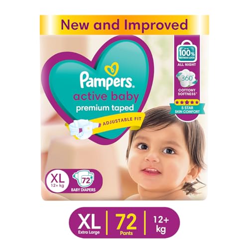 Image of Pampers Active baby Tape Style Baby Diapers, Large (XL), 72 Count, 12+ kg, Adjustable Fit with 5 Star Skin Protection Diapers (Pack of 3)