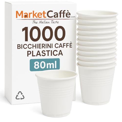 marketcaffe 1000 Bicchieri in Plastica da Caffè 80 ml Bianchi - Set di 1000, Bianchi, Monouso, Resistenti e Pratici, Ideali per Uffici, Feste e Uso Quotidiano