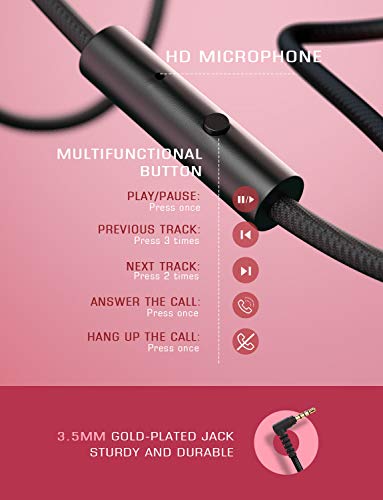 PeohZarr On-Ear Headphones with Microphone, Lightweight Folding Stereo Bass Headphones with 1.5M Tangle Free Cord, Portable Wired Headphones for Smartphone Tablet Laptop Computer MP3/4-Pink