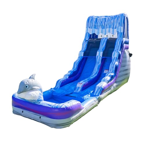 HeroKiddo 16ft Tall Dolphin Inflatable Water Slide with Detachable Pool & Blower, 26ft Long Commercial Grade PVC, Heavy Duty Wet/Dry Slide for Kids & Adults, Front Load Entry for Easy Supervision