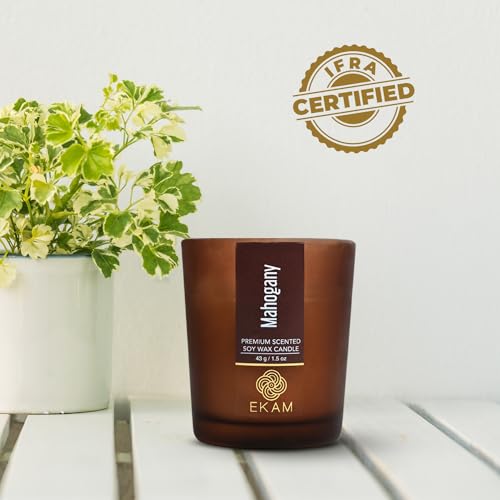 Image of EKAM Scented Frost Glass Votive Candle| Mahogany Scented| Luxury Fragrances| Ideal for Home Decor, Aromatherapy & Gifting| Soy Wax| Therapeutic| Smokeless| Sootless| 10 Hours Burn time |40 g