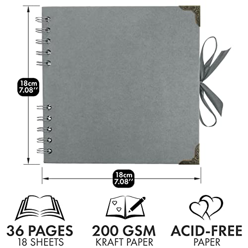 Bstorify Square Scrapbook Photo Albums 36 Pages (7 x 7 Inch) Grey Thick Paper, Hardcover, Metal Corners, Ribbon Closure - Ideal for Your Scrapbooking Albums, Art & Craft Projects (Grey, 7 x 7 Inch)