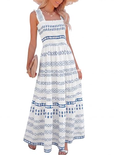 Image of Caracilia Womens Summer Maxi Dresses Floral Smocked Sleeveless Ruffle Boho Casual Flowy Aline Beach Vacation Long Sundress
