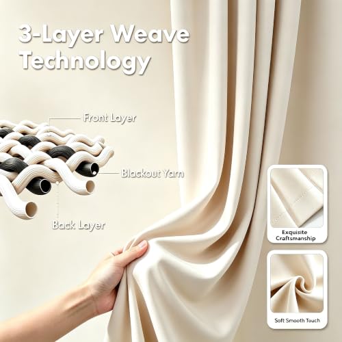 Image of Beige Room Darkening Curtain for Girls Nursery Bedroom 52x63 Inch | 80% Blackout Double Layer Curtains with Pom Pom Sheer Overlay, Grommet Privacy Drapes for Toddler Bedroom Decor, 2 Panels