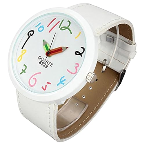 Reloj de pulsera para niños con correa blanca de cuero sintético y puntero de lápiz divertido