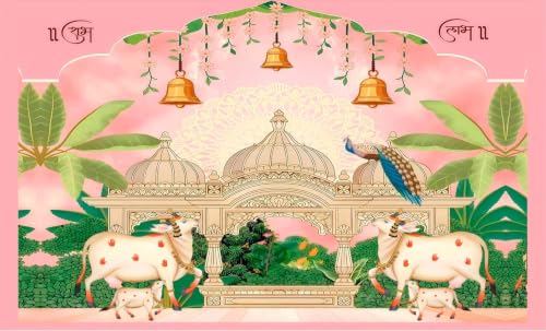 Image of backdrops for Pooja Decoration | Shubh Labh Pichwai Peacock & Temple Backdrop Cloth 5x8 Feet | Lakshmi Devi Backdrop Cloth for Decoration