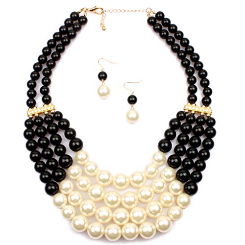 Thkmeet Women Fashion Jewelry Set Pearl Bead Cluster Collar Bib Choker Necklace and Earrings Suit ¡­