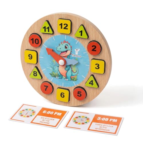 Image of Dinosour Learning Clock with Time Flash Cards | Child Safe Paint and Imported Wood