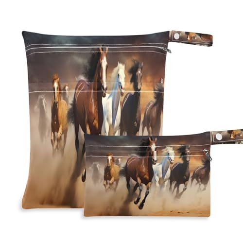 ATTX Running Horses Wet Dry Bags 2-Pack - Reusable Cloth Diaper Storage for Travel, Beach & Gym | Multi-Use Waterproof Bags for Swimsuits, Baby Clothes, Sports Gear#525