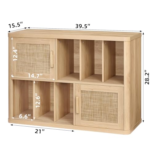 Image of LEYAOYAO Large Record Player Stand with Vinyl Storage Up to 450 Albums, Wood Rattan Boho Record Storage Accent Cabinet, Modern Stereo Media Cabinets, Wide Turntable Stand for Living Room, Natural Oak