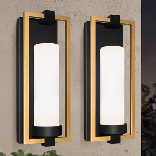 ALVIME Modern Gold Outdoor Wall Light Fixtures, 15 Inch 2 Pack Outdoor Wall Sconce for House, Waterproof Exterior Lighting Fixtures for Garage, Doorway, Porch, Patio, E26 Base&Etched Opal Glass by ALVIME LIGHTING - Used condition - US$73.72