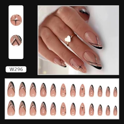 Image of French Tip Press on Nails Medium Almond Fake Nails Black Gold Line False Nail with Design Star Glue on Nails Glossy Artificial Acrylic Nail Press ons Full Cover Stick on Nail for Women Manicure 24PCS