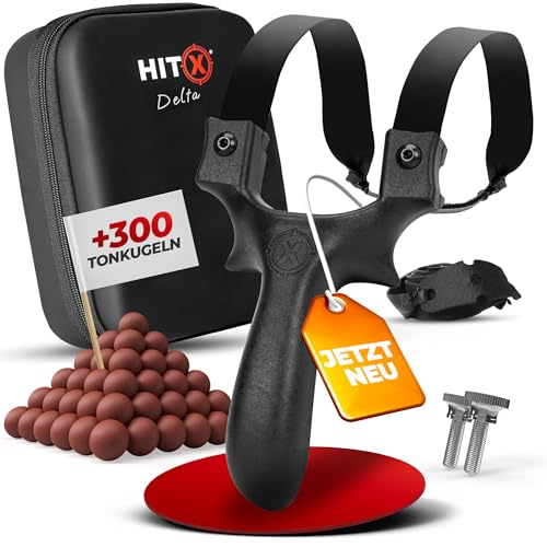 HITX Steinschleuder Profi Set [Delta] | Ergonomische Zwille für Erwachsene mit 300 Tonkugeln & 2 Gummibändern | Slingshot Schleuder zum sofort loslegen inklusive praktischer Aufbewahrungstasche