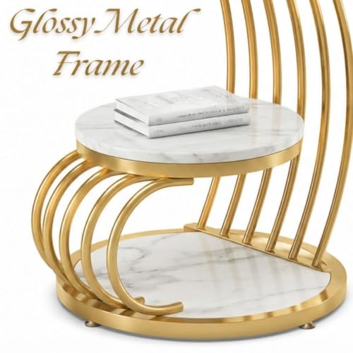 Image of Modern Double-Top Coffee Table with Rustic Farmhouse Accent, Multipurpose Living Room Bedroom, Two-Tier Small Sofa Side Bedside Table with Metal Frame Nightstand (White Gold Mg)