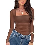 AGECODE Women's Sexy Square Neck Long Sleeve Bodysuit Sheer Mesh