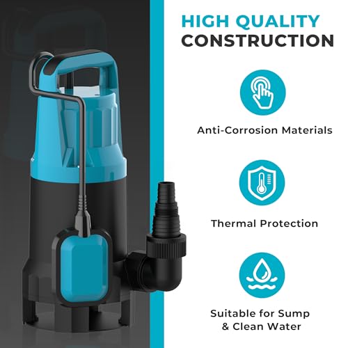 Image of Automatic Water Pump, 2250GPH Sump Pump Submersible Basement Portable Electric Utility Water Pump Removal for Pool Draining Basement Hot Tubs Garden Pool Cover Pond, Light Blue