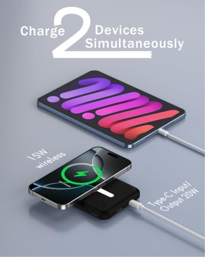 Image of podoru for Magsafe Battery Pack, 5000mAh Magnetic Power Bank with Type-C Cable 20W PD Fast Charging Lighting Input Wireless Portable Charger for iPhone 17 /16 /15 /14 /13 /12 / All Series-Deep Matte Black