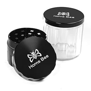 Horns Bee Herb Grinder Containers – Multipurpose Metal Spice Mill with Stash Jar, All-in-One Air Tight Sealable Containers, 2.2” Sharpstone Grinder, with Accessories and Carrying Pouch