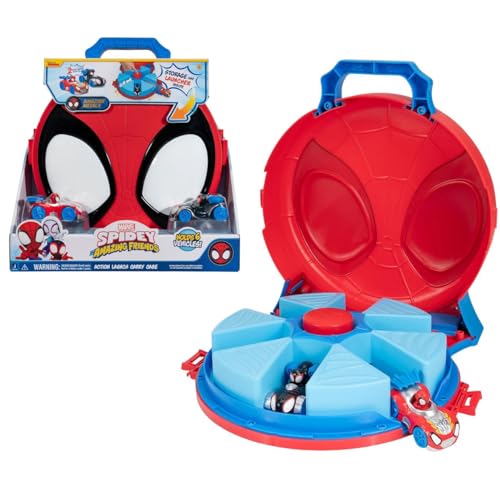 Jazwares Marvel Spidey and His Amazing Friends Action Launch Carry Case - 12-Inch Carry Case with Rotating Launcher and Two Exclusive Amazing Metals Vehicles