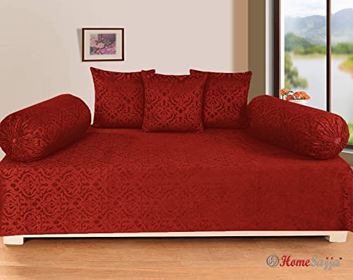 Image of Home Sajja Premium Velvet Diwan Sets - 1 Diwaan Sheet,2pc Bolster Cover with Dori,3pc Cushion Covers (6 Pieces Set) Maroon Color