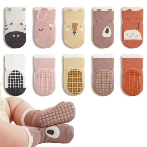 SE 5 Pares de Calcetines Antideslizantes Bebé|Calcetines Antideslizantes de Algodón para Niño Niña (FR/ES, Edad, 1 año, Regular, ANIMALES 1)