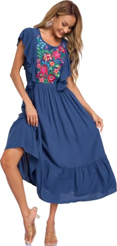 Image of Women's Summer Maxi Dress Casual Floral Embroidered Round Neck Short Sleeve Ruffle Tiered Dress Flowy Boho Beach Sundress