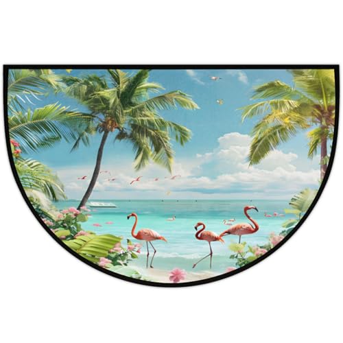 Image of Half Round Doormat Summer Flamingo Beach Flowers Non Slip Half Circle Area Rugs Indoor Washable Half Moon Rug Semi Circle Bathroom Runner Mat Entrance Floor Carpet for Kithen Bedroom Fireplace Decor
