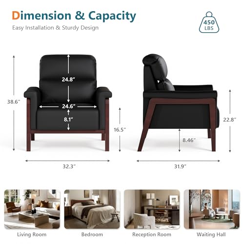 Image of STHOUYN Oversized Leather Accent Chair, Mid Century Modern Office Arm Chair with Solid Wood Legs & High Backrest, Comfy Upholstered Side Sofa Chair for Living Room, Waiting Room, Bedroom (1, Black)