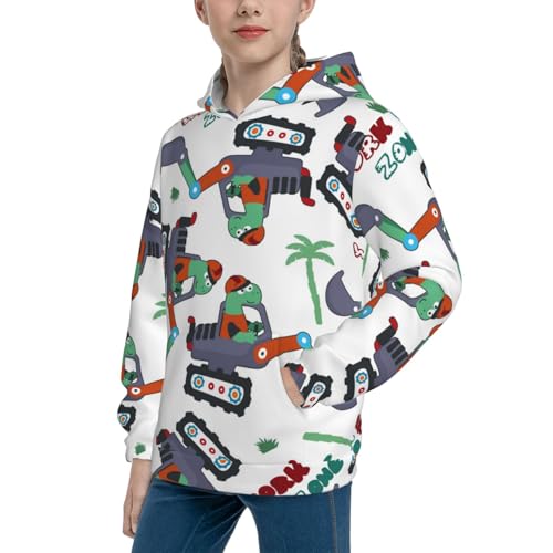 Dinosaur on Excavator2 Kid Hoodies Boys Sweatshirts Girls Pullover with Pocket2