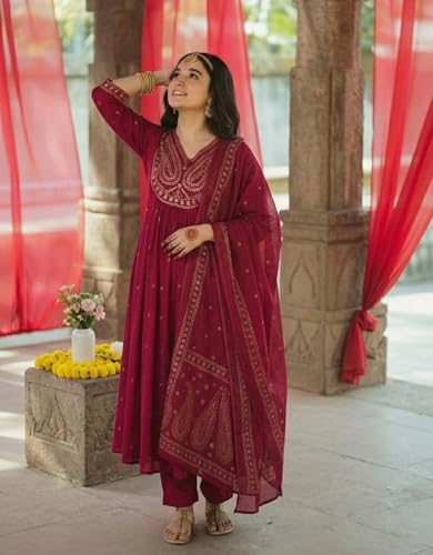 Image of GoSriKi Rust Anarkali Kurta Set for Women with Dupatta | Cotton Kurti Set for Woman | Embroidered Anarkali Suit for Women Kurti Pant Set with Dupatta | Suit Set for Women Latest