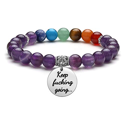 Top Plaza Amethyst Healing Crystal Stone Bead Bracelet 7 Chakra Reiki Yoga Gemstone Beaded Bracelets Inspirational Message Charm Bracelet for Women Men