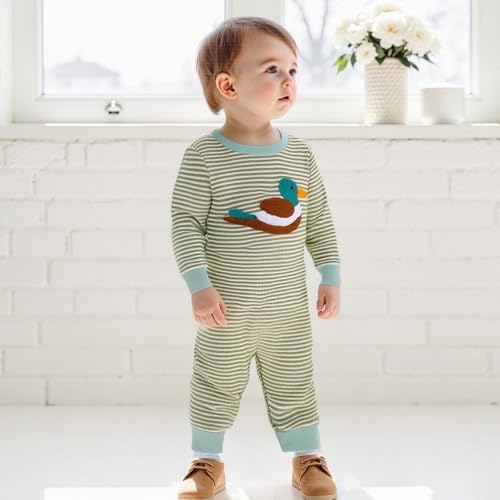 SAYOO Infant Baby Boy Girl Mallard Duck Romper Jumpsuit Green Duck Embroidery One Piece Waffle Overalls Hunting Baby Clothes3