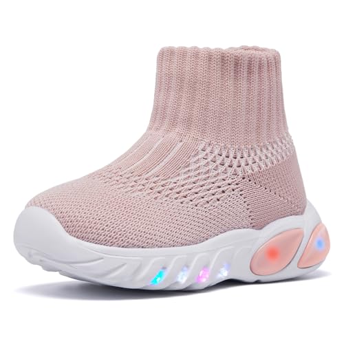 MORENDL Toddler Light Up Walking Shoes Baby Non-Slip Sock Shoes Toddler Slip On Sneakers Boys & Girls Beige